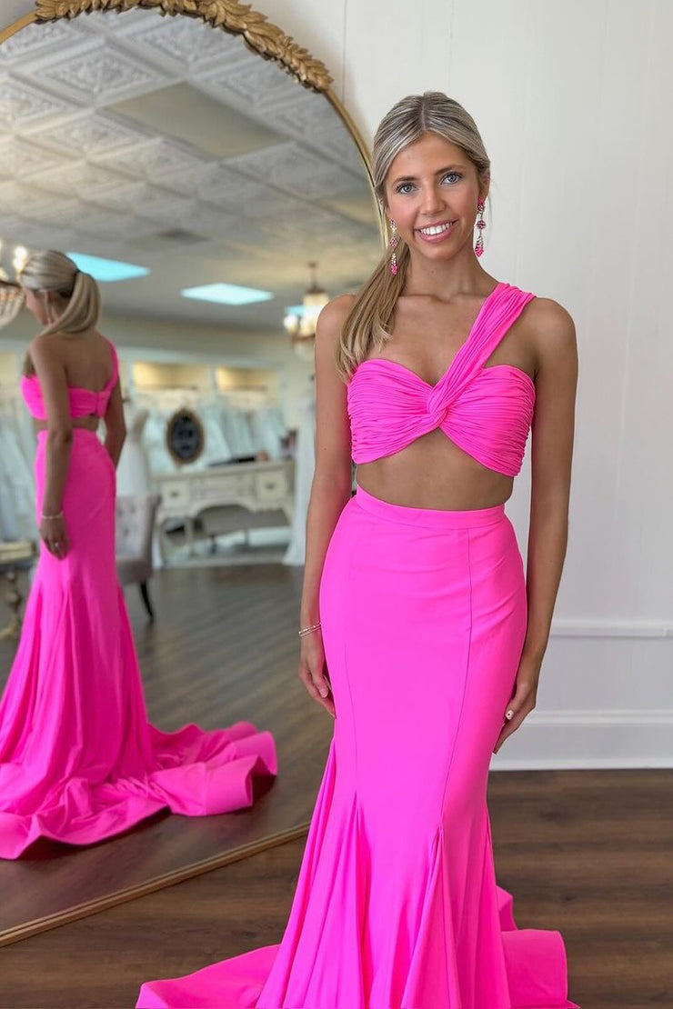 Fuchsia Two Piece One Shoulder Long Prom Dress, PD25326