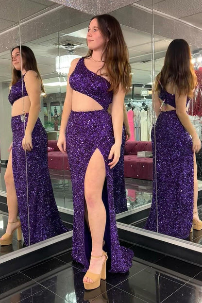 One Shoulder Mermaid Purple Sequins Long Prom Dress with Slit, PD25150