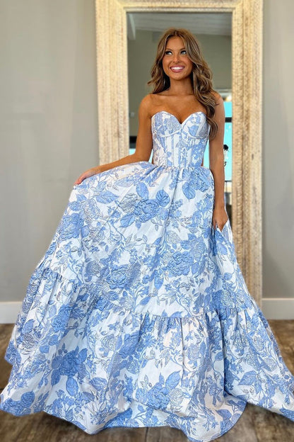 Light Blue Jacquard Satin A Line Sweetheart Tiered Prom Dress, PD25269