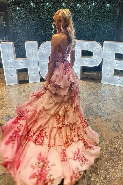 Floral Printed Chiffon A Line Halter Tiered Long Prom Dress, PD25249