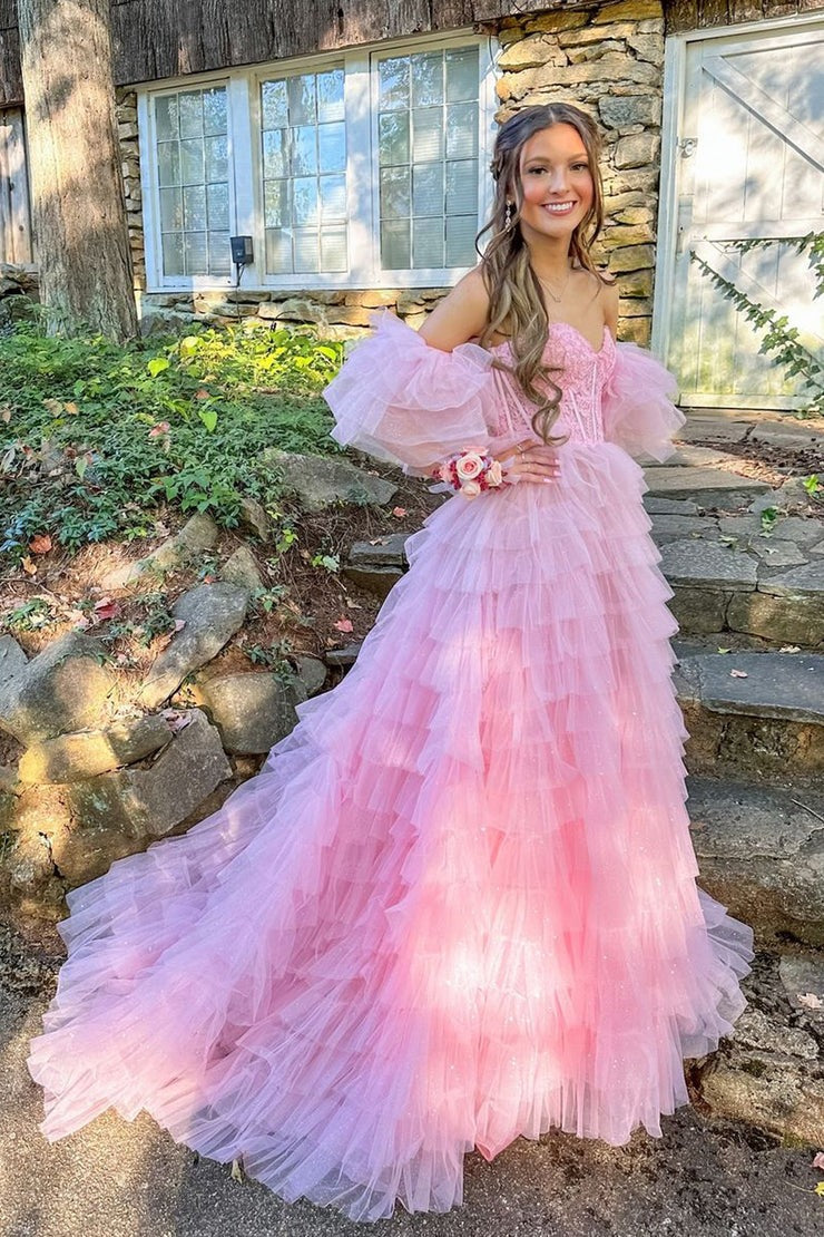 V Neck A Line Pink Tulle Long Prom Dresses with Appliques, PD25037