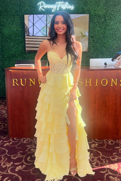 Sweetheart A Line Daffodial Tiered Chiffon Long Prom Dresses, PD25052