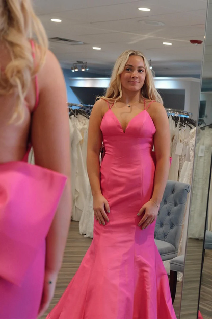 Pink V-Neck Satin Mermaid Long Prom Dress, PD2404224