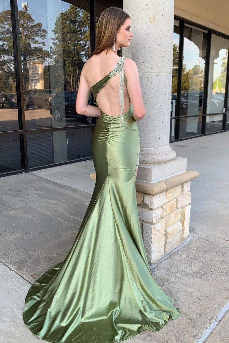 Sage Green Satin Mermaid One Shoulder Long Prom Dress, PD25305