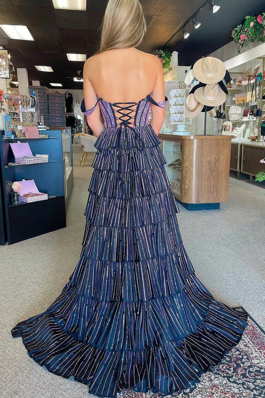 Black Pink Beading A Line Off the Shoulder Tiered Prom Dress with Slit, PD25259