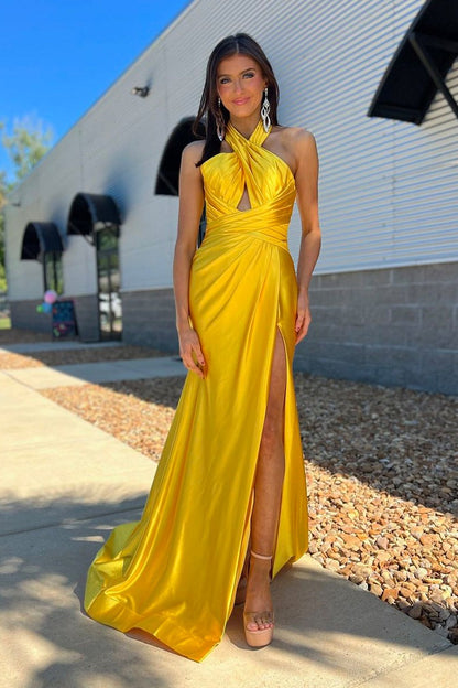 Cross Neck Mermaid Yellow Satin Long Prom Dresses with Slit, PD25058