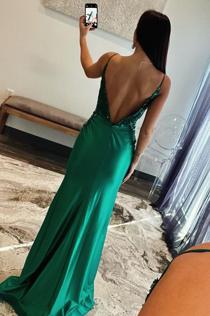 Dark Green V Neck Satin Beaded Long Prom Dress, PD25303