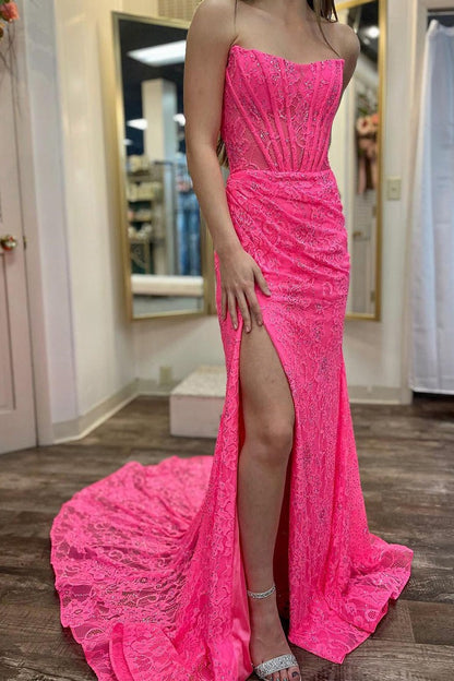 Fuchsia Mermaid Strapless Lace Long Prom Dresses with Slit, PD25502