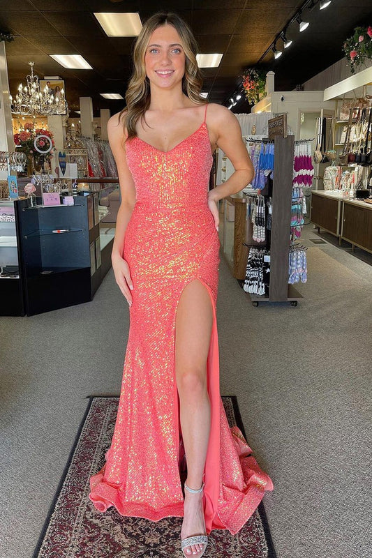 Pink Sequin V Neck Long Prom Dress with Slit, PD25373