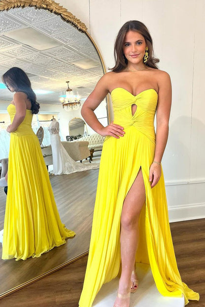 Yellow A-Line Sweetheart Long Prom Dress with Slit, PD25453