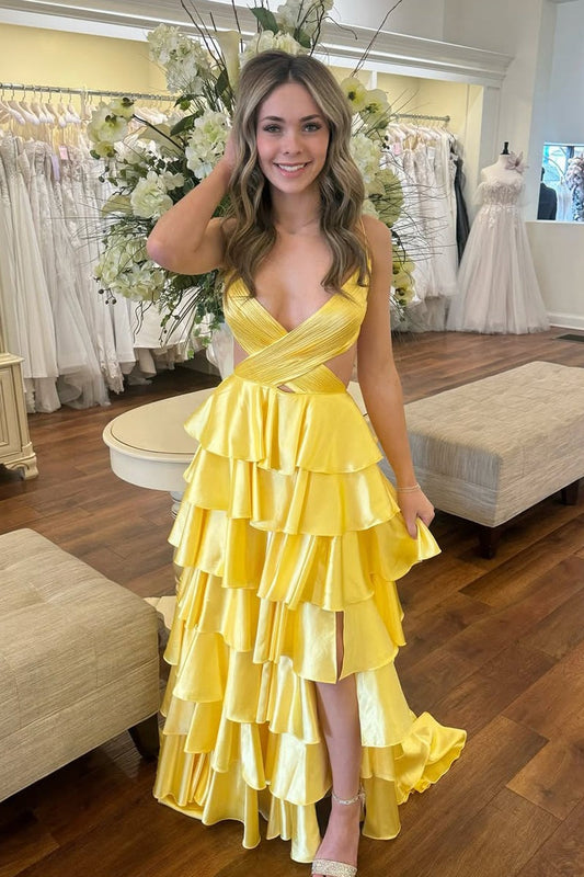 Yellow A Line V Neck Tiered Satin Prom Dress, PD25753