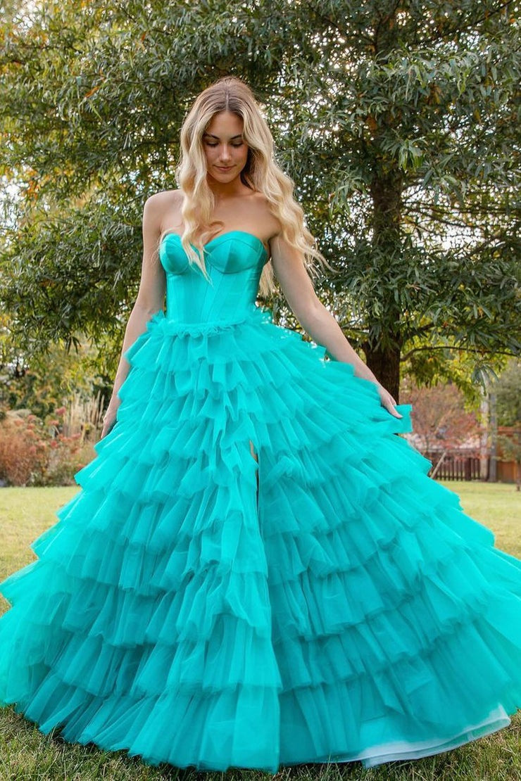 Turquoise Tulle A-Line Strapless Long Prom Dresses, PD25473