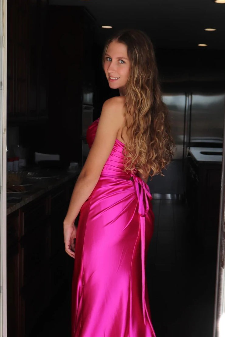 Hot Pink Silk Satin Chic Sheath Strapless Prom Dress, PD25402