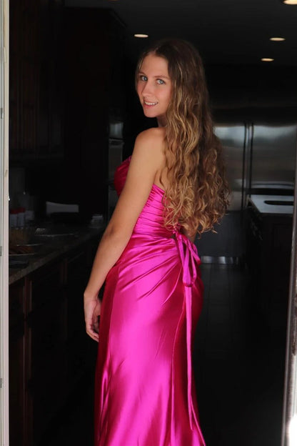 Hot Pink Silk Satin Chic Sheath Strapless Prom Dress, PD25402