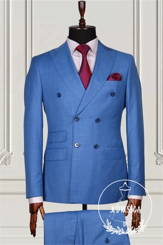Ocean Blue Best Fitted Double Breasted Peaked Lapel Men Suits, SU25106