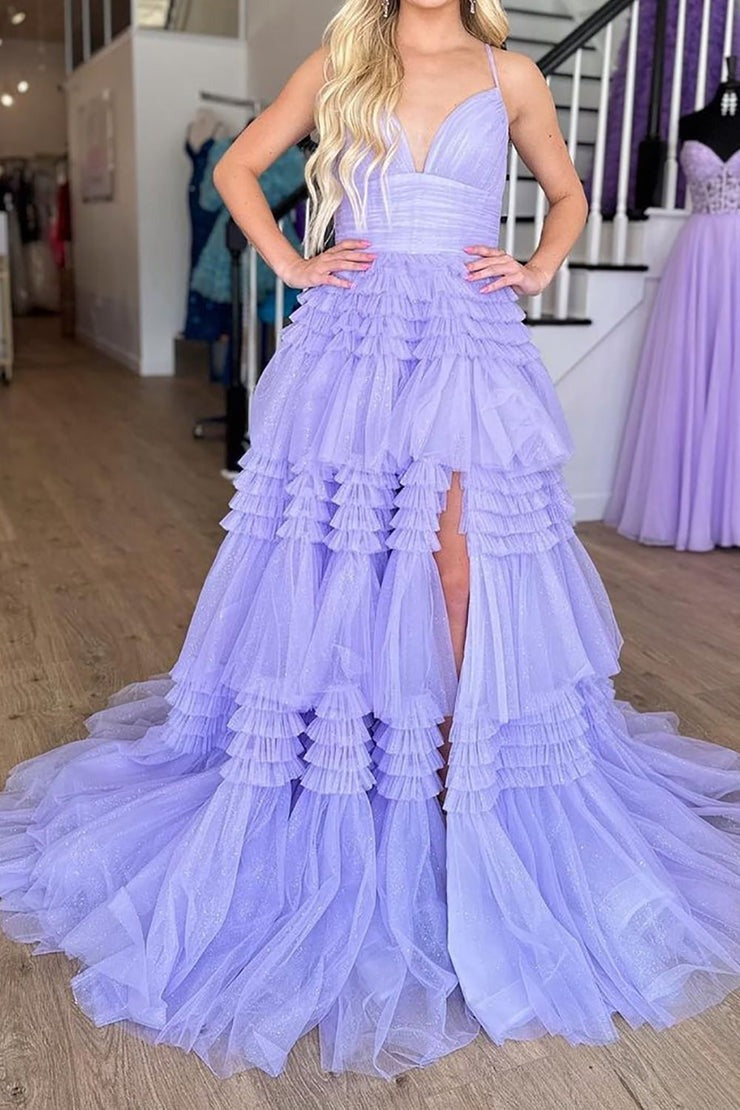 Lavender A Line Spaghetti Straps Long Prom Dress with Ruffles, PD25672