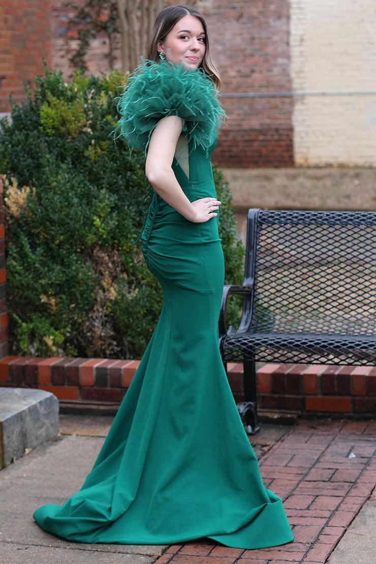 Dark Green Satin Mermaid Long Prom Dress with Feathered Shoulders and Slit, PD25722