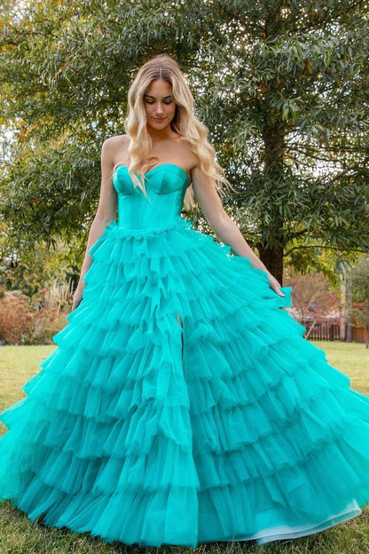 Turquoise Tulle A-Line Strapless Long Prom Dresses, PD25473