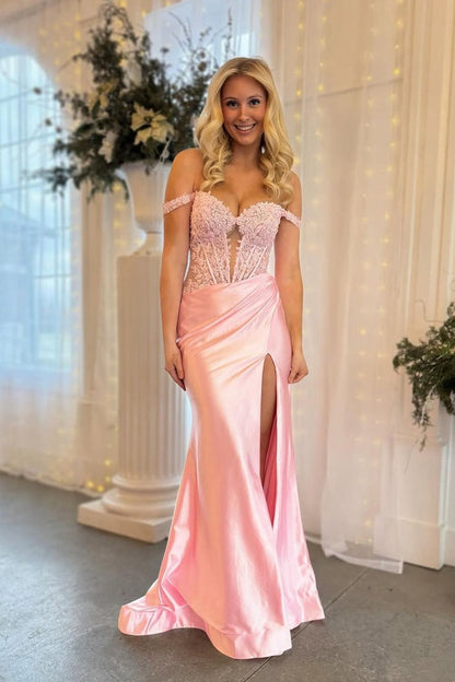 Stretch Satin Mermaid Off the Shoulder Prom Dress with Slit, PD25444