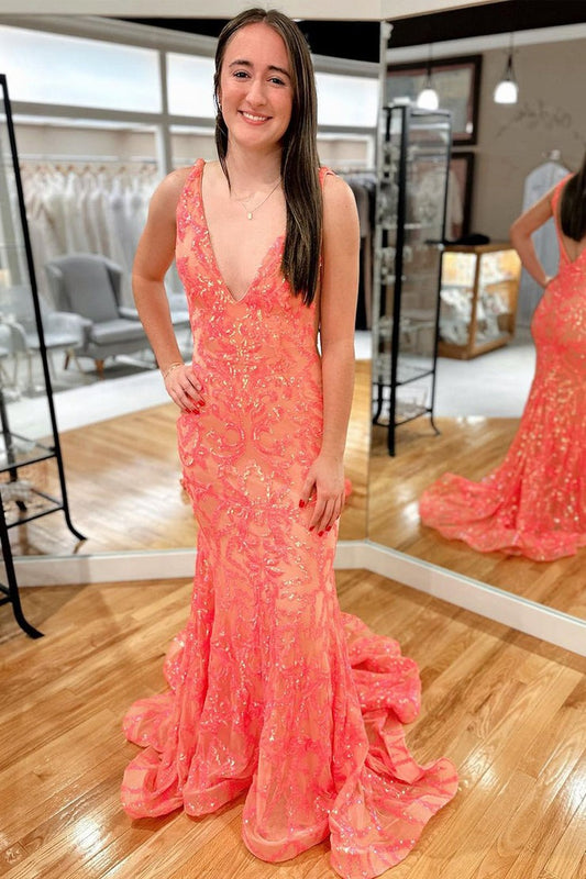 Orange Mermaid Deep V Neck Sequin Lace Long Prom Dress, PD25633