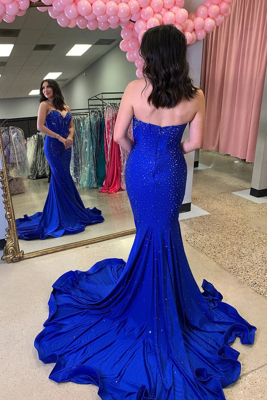 Royal Blue Strapless Mermaid Satin Long Prom Dress with Beads, PD25812