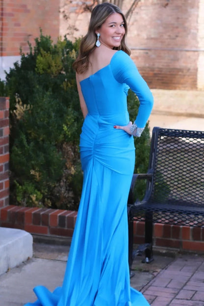 Peacock Blue Mermaid One - Sleeve Long Gown with Slit, PD25572