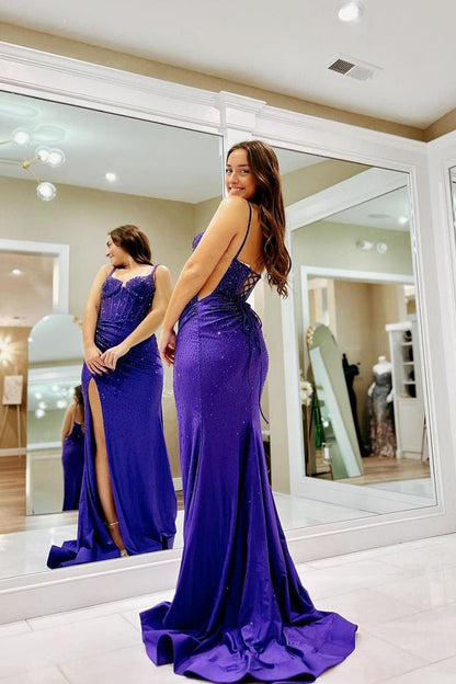 Purple Mermaid Satin Long Prom Dresses with Beads, PD25602