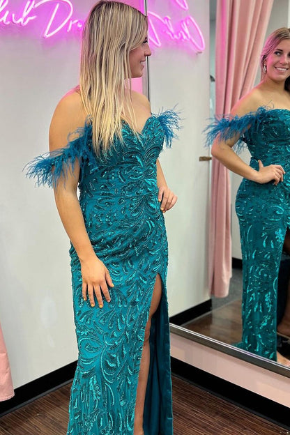 Sequins Lace Mermaid Off the Shoulder Long Prom Dress, PD25411