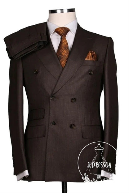 Dark Brown Peaked Lapel Double Breasted Business Men Suits, SU25166