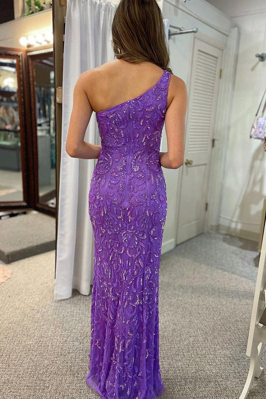 Purple Mermaid One Shoulder Sequins Lace Long Prom Dresses, PD25523
