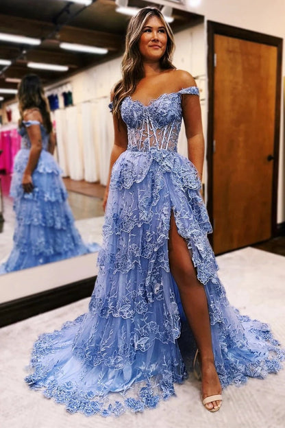 Periwinkle Off - the - Shoulder Tulle Appliques Ruffle Long Prom Dress, PD25642