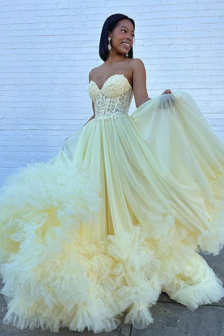 Yellow A - Line Sweetheart Ruffle Tulle Long Prom Dresses, PD25532