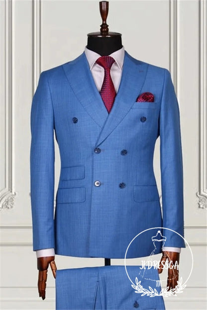 Ocean Blue Best Fitted Double Breasted Peaked Lapel Men Suits, SU25106