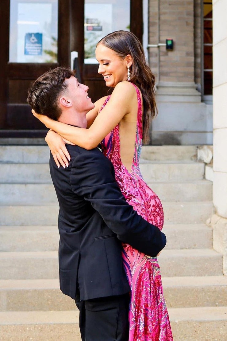 Fuchsia V Neck Sequins Lace Mermaid Long Prom Dress, PD25203