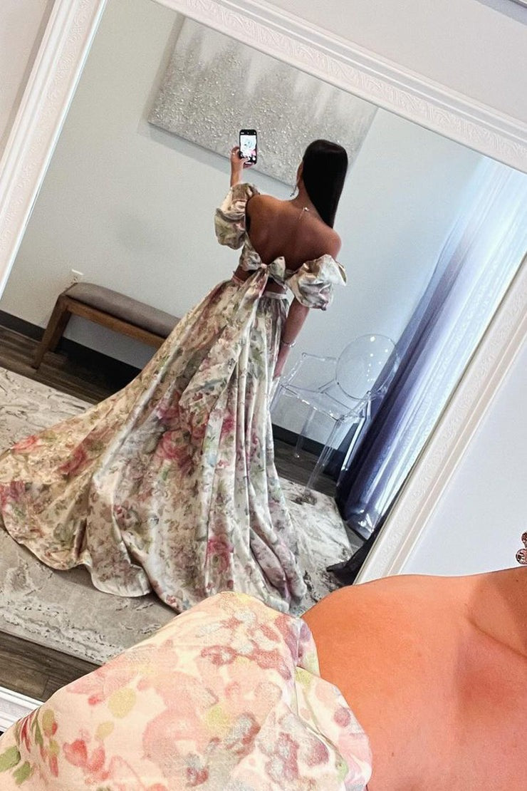 Off the Shoulder Two Piece Floral Printed Long Prom Dresses with Slit, PD25184
