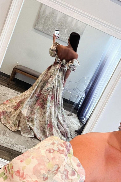 Off the Shoulder Two Piece Floral Printed Long Prom Dresses with Slit, PD25184