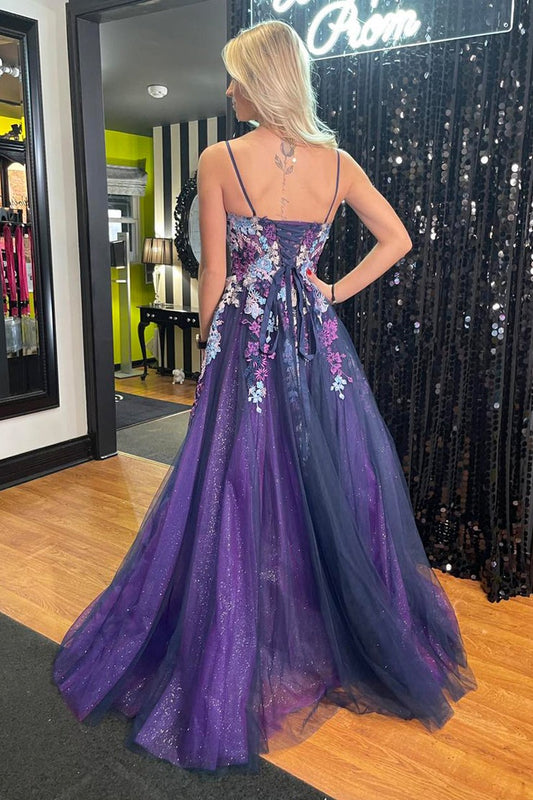 Purple Tulle Long Prom Dress with Spaghetti Straps and Appliques, PD25275