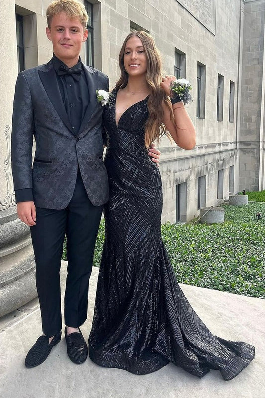 V Neck Mermaid Black Sequins Long Prom Dresses, PD25083