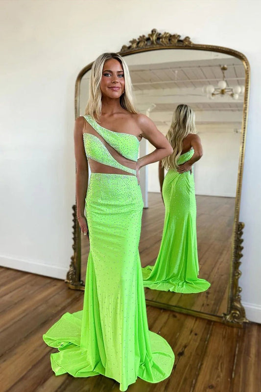 One Shoulder Green Beaded Satin Mermaid Long Prom Dress, PD25164