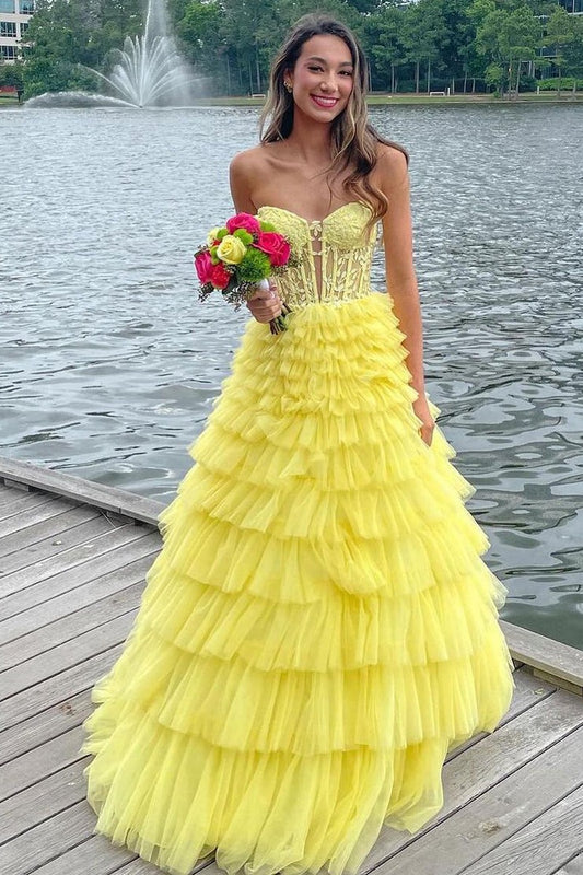 Strapless A Line Yellow Ruffle Tiered Tulle Long Prom Dress with Appliques, PD25119