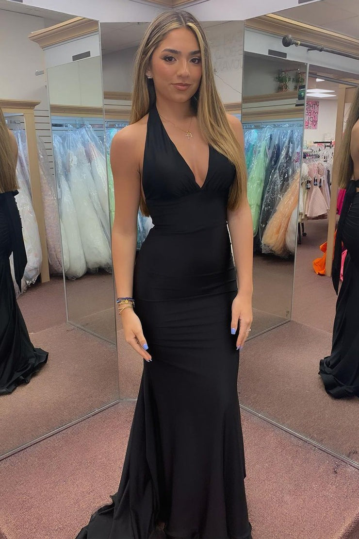 Black Satin Halter Backless Mermaid Long Prom Dress, PD25219