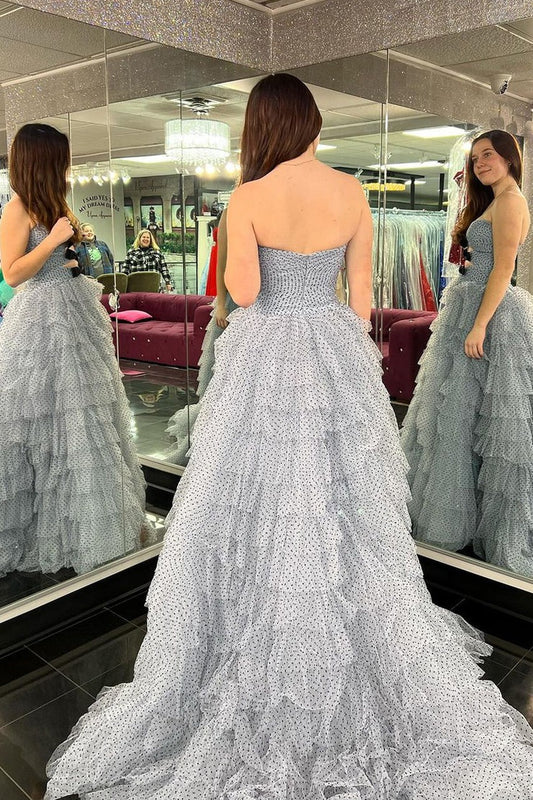 Strapless Polka Dot Ruffle Tiered Tulle Prom Dress with Slit, PD25146