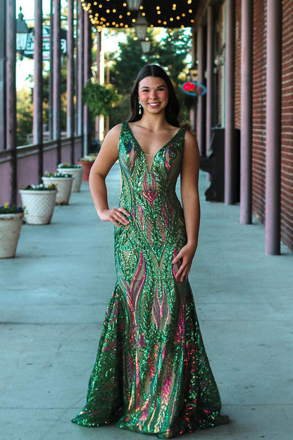V Neck Mermaid Green Sequins Lace Prom Dresses, PD25015