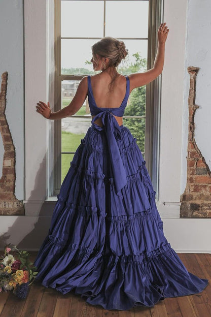 V Neck Two Piece Tiered Satin Long Prom Dress, PD25126