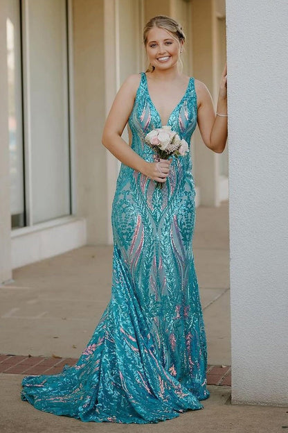 Blue Sequin Mermaid V Neck Long Prom Dress, PD25342
