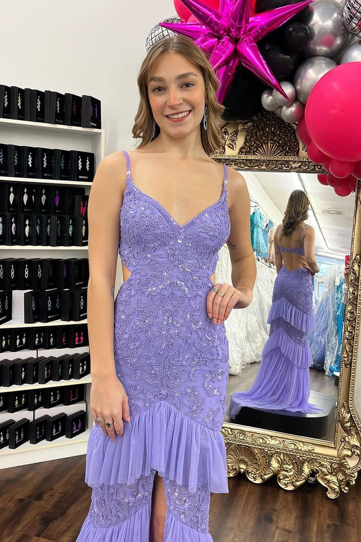 Lilac Sequin Mermaid V Neck Ruffle Long Prom Dress, PD25343