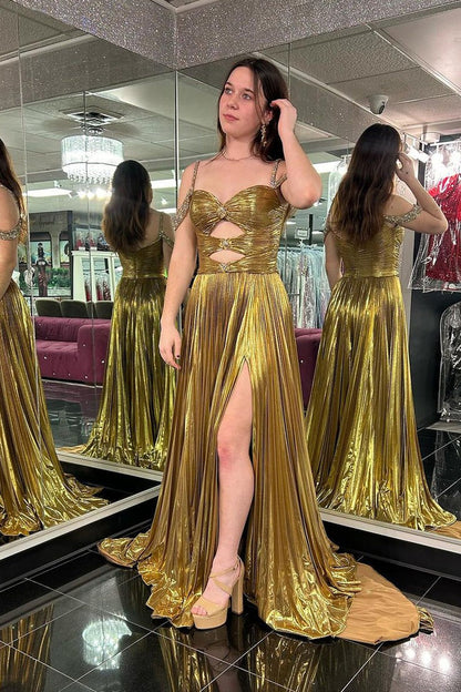 Gold Cold Shoulder Satin Pleated Long Prom Dresses with Slit, PD25225
