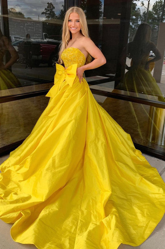 Yellow Satin Two Piece Strapless Long Prom Dresses with Appliques and Bow, PD25312