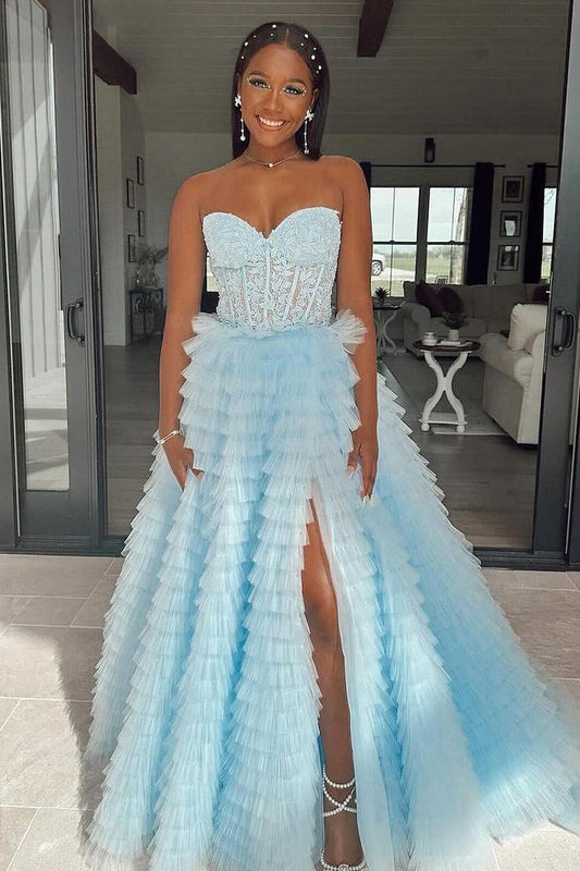 Strapless A Line Ruffle Tiered Tulle Long Prom Dresses, PD25095