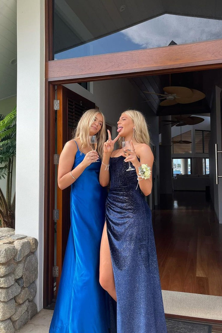 Strapless Mermaid Navy Glitter Velvet Prom Dresses with Slit, PD25004